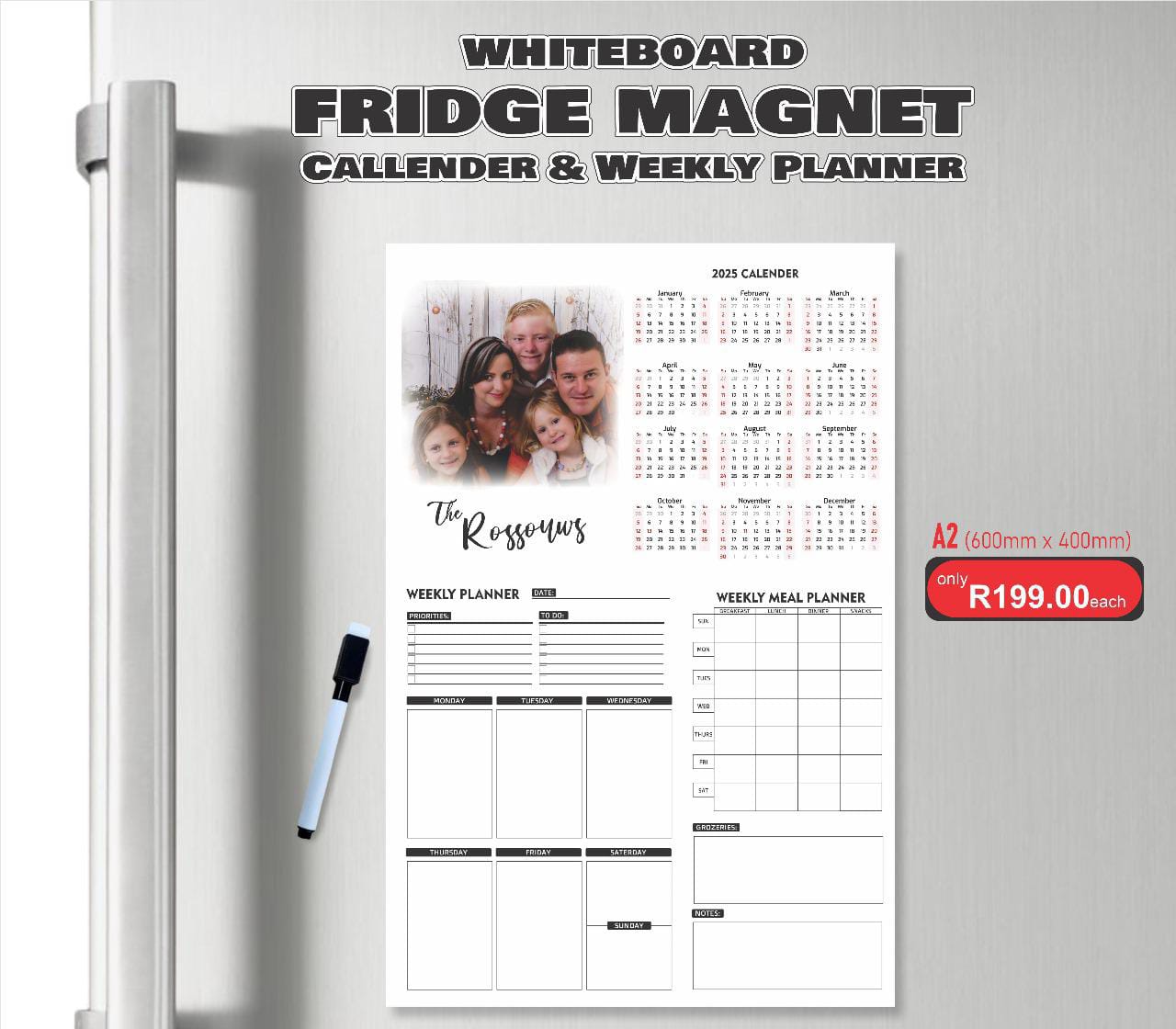 Whiteboard Fridge Magnet - 2025 Calendar & Weekly Planner