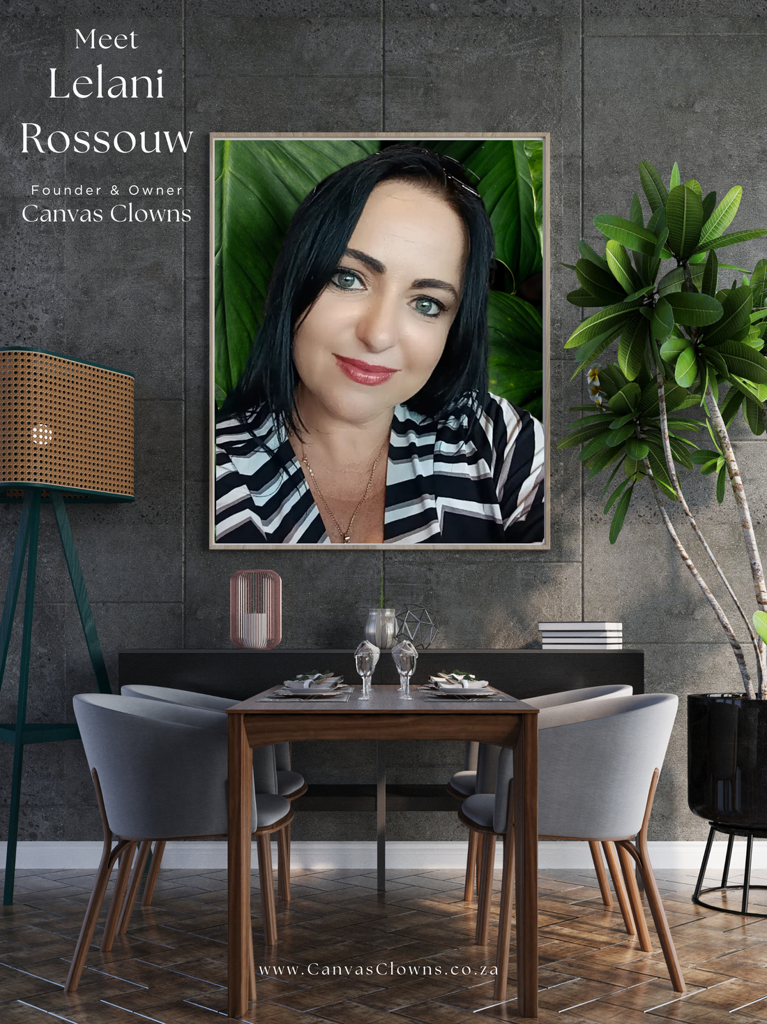 Lelani Rossouw, Founder and Owner of Canvas Clowns, professional portrait displayed as canvas print