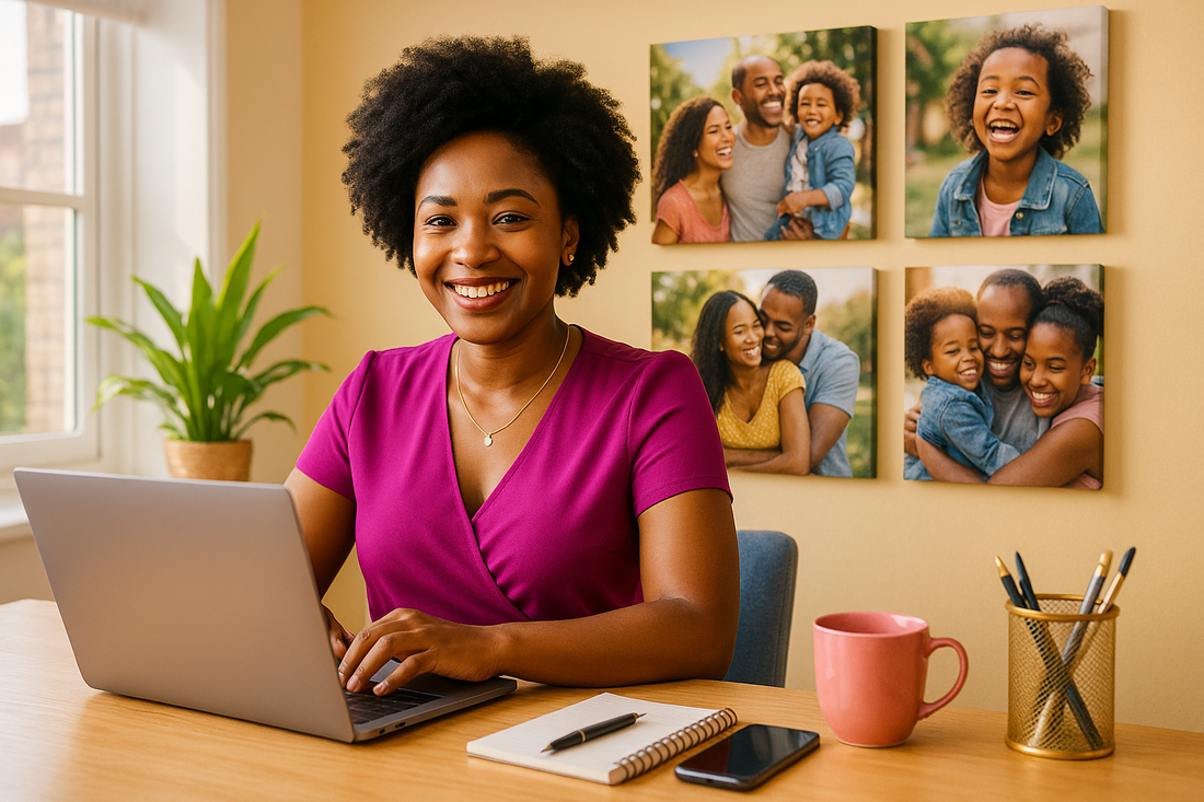 South African woman and men entrepreneur working from home on laptop with canvas prints in background - Canvas Clowns reseller business opportunity